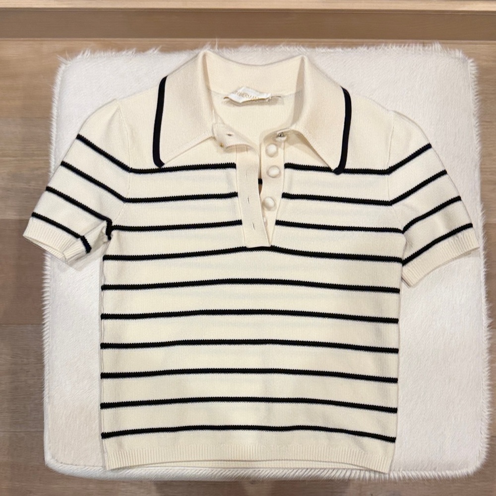 Zimmermann Cream and Black Striped Polo Knit Top